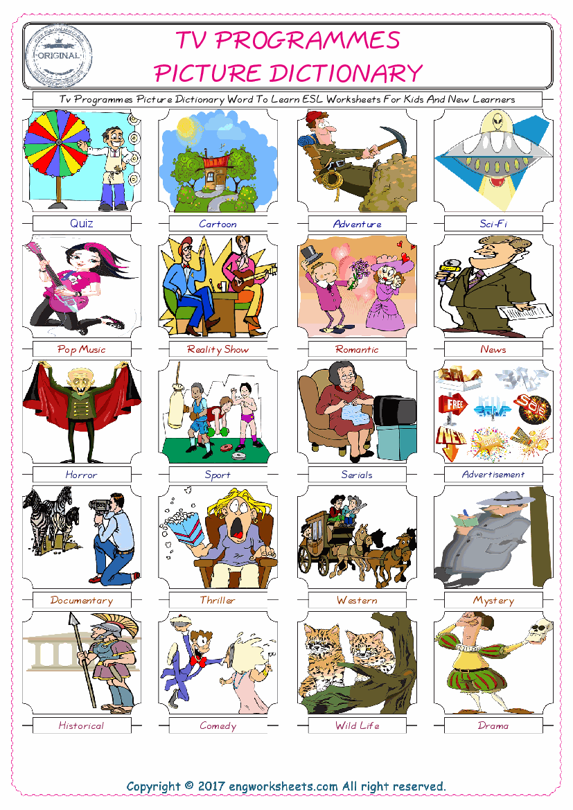  Tv Programmes English Worksheet for Kids ESL Printable Picture Dictionary 